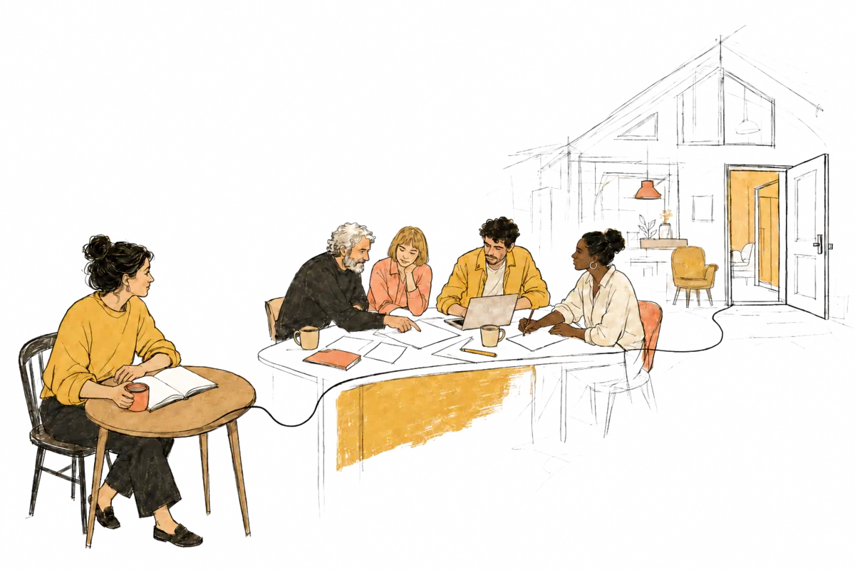 Een klein idee groeit via mensen rond een tafel uit tot een open huis in aanbouw.