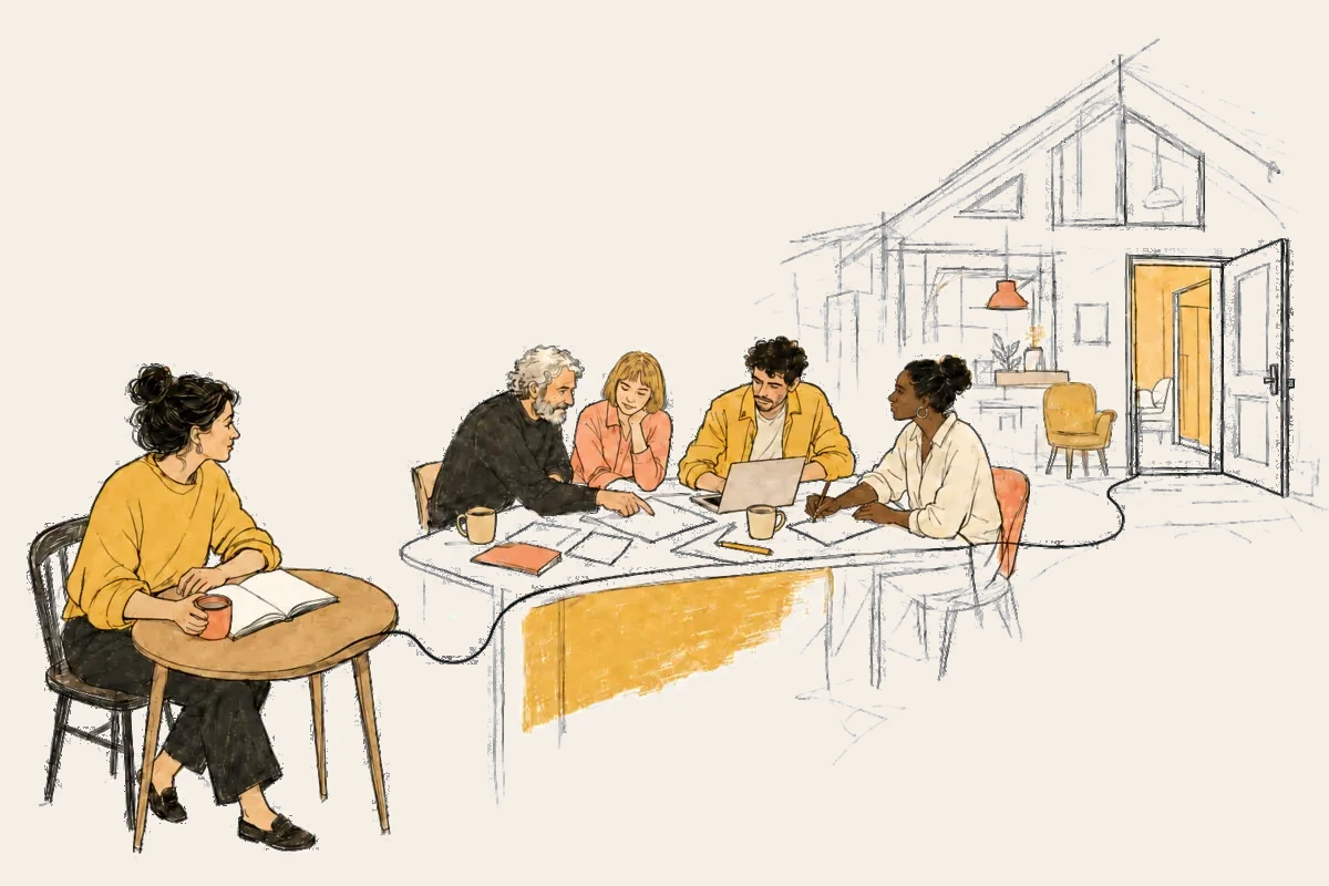 Illustratie van een open plek met mensen rond een tafel, als verbeelding van de droom achter Bureau voor Menselijke Zaken.